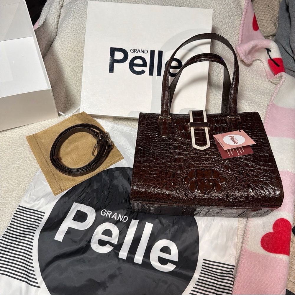Grand Pelle Chocolate Embossed Croc Genuine Leather Handbag NWT
